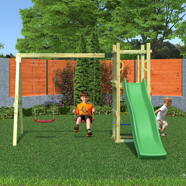 Climbing frame Rumble Ridge Rock Wall with double swing, slide and wall - Best Shed