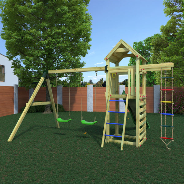 Gaia Climbing Frame Tower with swings climbing rope and slide - Best Shed