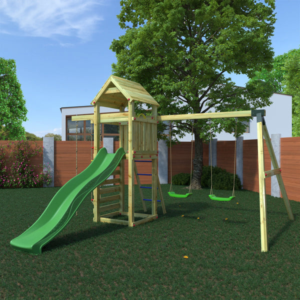 Gaia Climbing Frame Tower with swings climbing rope and slide - Best Shed