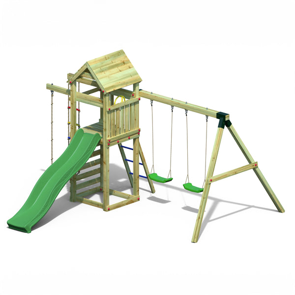 Gaia Climbing Frame Tower with swings climbing rope and slide - Best Shed