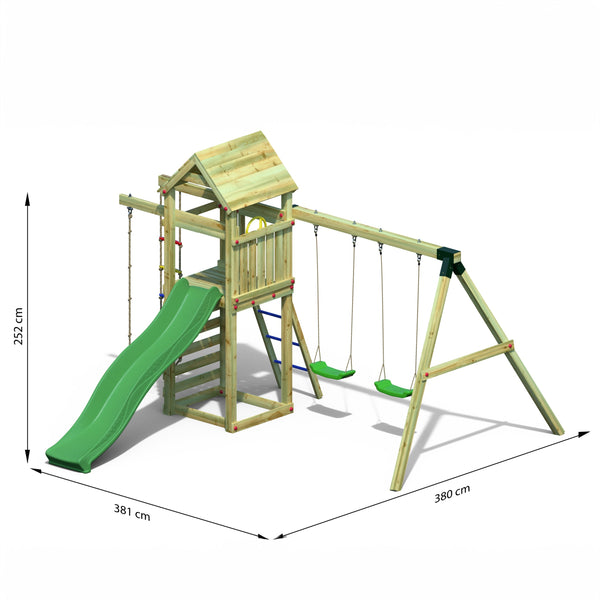 Gaia Climbing Frame Tower with swings climbing rope and slide - Best Shed