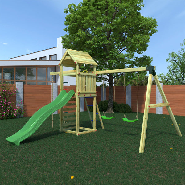 Gaia Climbing Frame Tower with swings climbing rope and slide - Best Shed