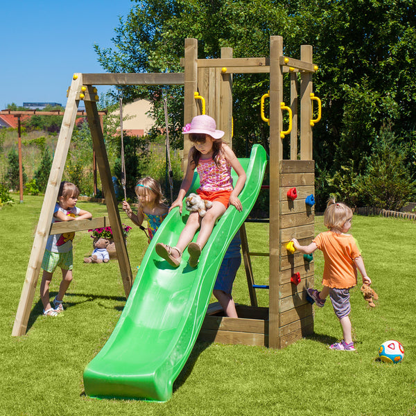 Climbing frame Rumble Ridge Rock Wall featuring single swing and slide - Best Shed