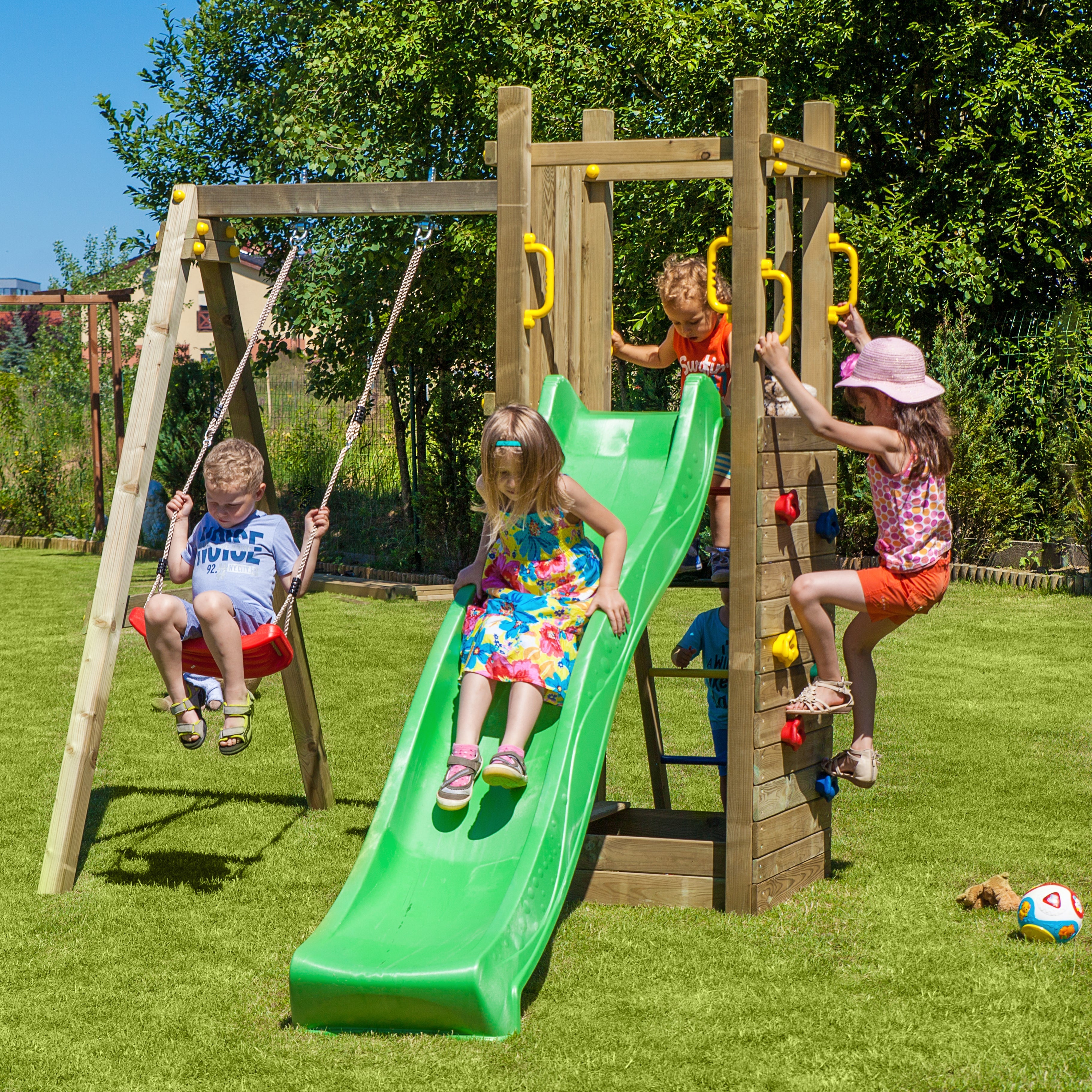 Climbing frame Rumble Ridge Rock Wall featuring single swing and slide - Best Shed