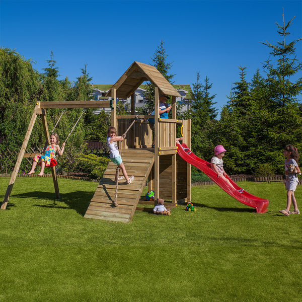 Climbing frame Adventure Peaks Fortress 3 with swing, slide, wall and rope - Best Shed