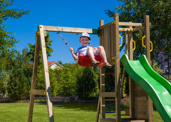Climbing frame Rumble Ridge Rock Wall featuring single swing and slide - Best Shed