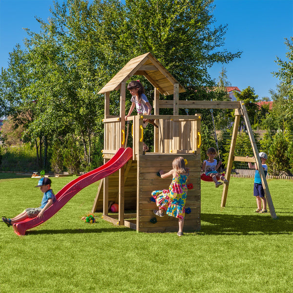 Climbing frame Adventure Peaks Fortress 3 with swing, slide, wall and rope - Best Shed
