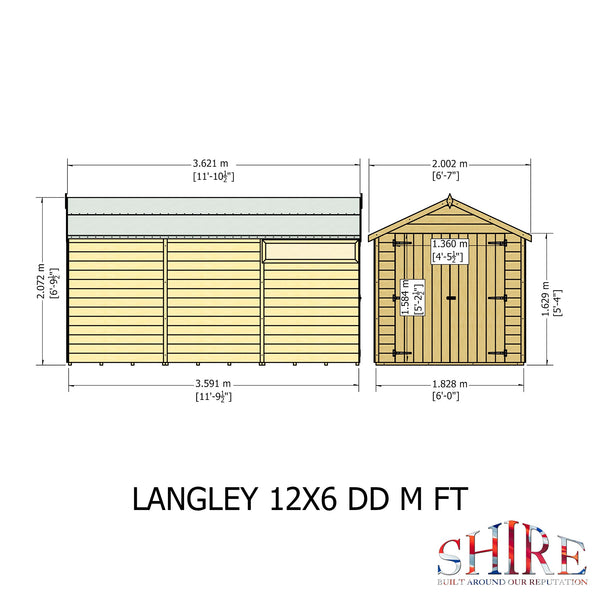 Shire 12x6 Langley double door security window apex shed 12mm shiplap interlock cladding