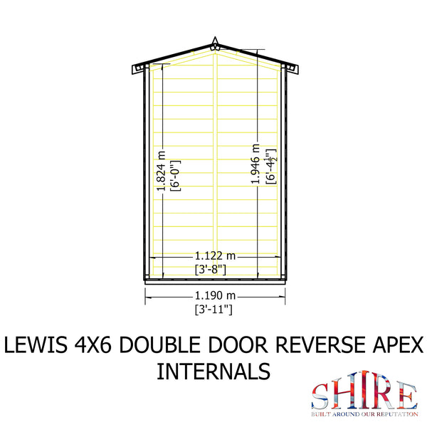 Lewis 4x6 Reverse Apex Garden Shed Double Doors 12mm Shiplap T&G