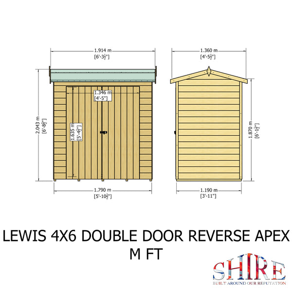 Lewis 4x6 Reverse Apex Garden Shed Double Doors 12mm Shiplap T&G