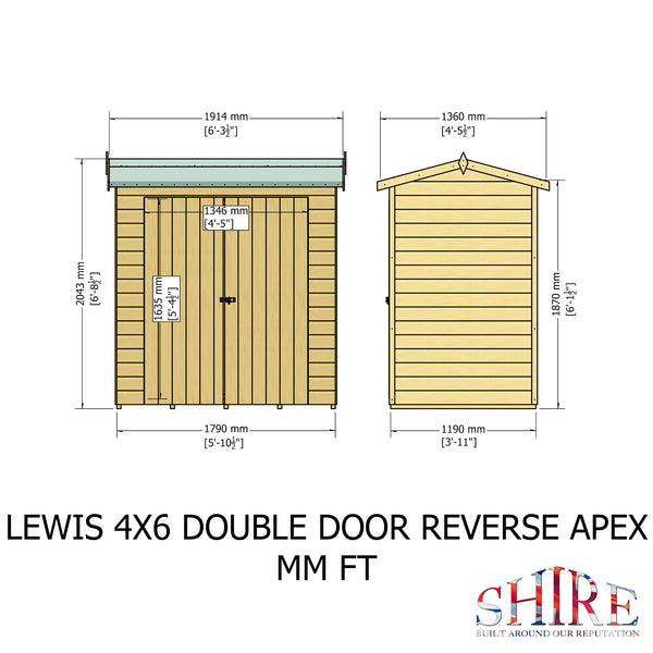 Lewis 4x6 Reverse Apex Garden Shed Double Doors 12mm Shiplap T&G