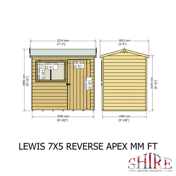 Lewis 7x5 Reverse Apex Style C Garden Shed 12mm Shiplap T&G