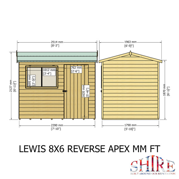 Lewis 8x6 SD Reverse Apex Style C Garden Shed 12mm Shiplap T&G