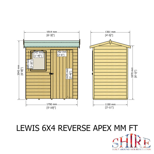 Lewis 6x4 Reverse Apex Style C Garden Shed Single Door 12mm T&G