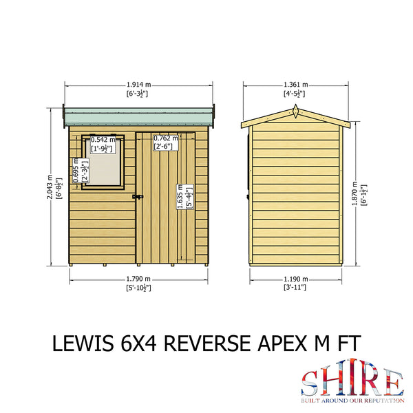 Lewis 6x4 Reverse Apex Style C Garden Shed Single Door 12mm T&G