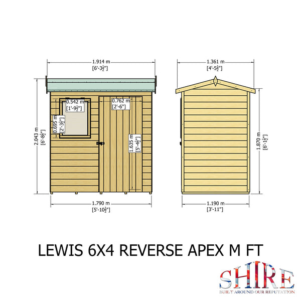 Lewis 6x4 Reverse Apex Style C Garden Shed Single Door 12mm T&G