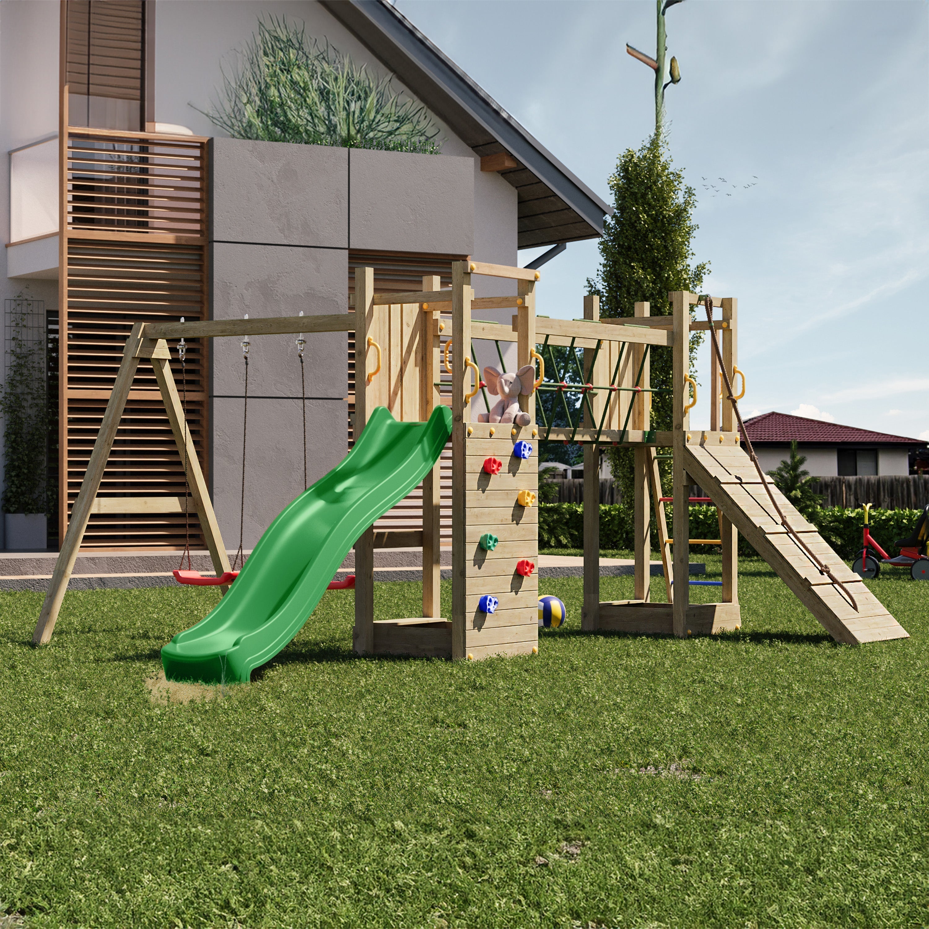 Climbing frame Maxi Fun featuring double Tower, Bridge,  swings climbing walls and slide - Best Shed