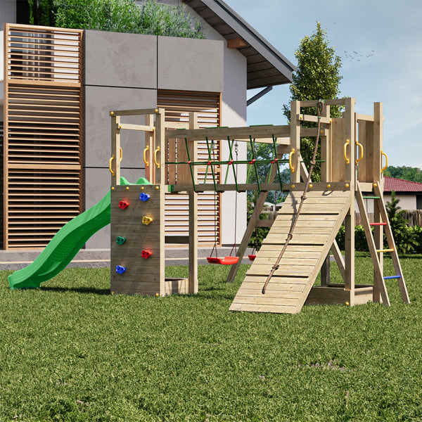 Climbing frame Maxi Fun featuring double Tower, Bridge,  swings climbing walls and slide - Best Shed