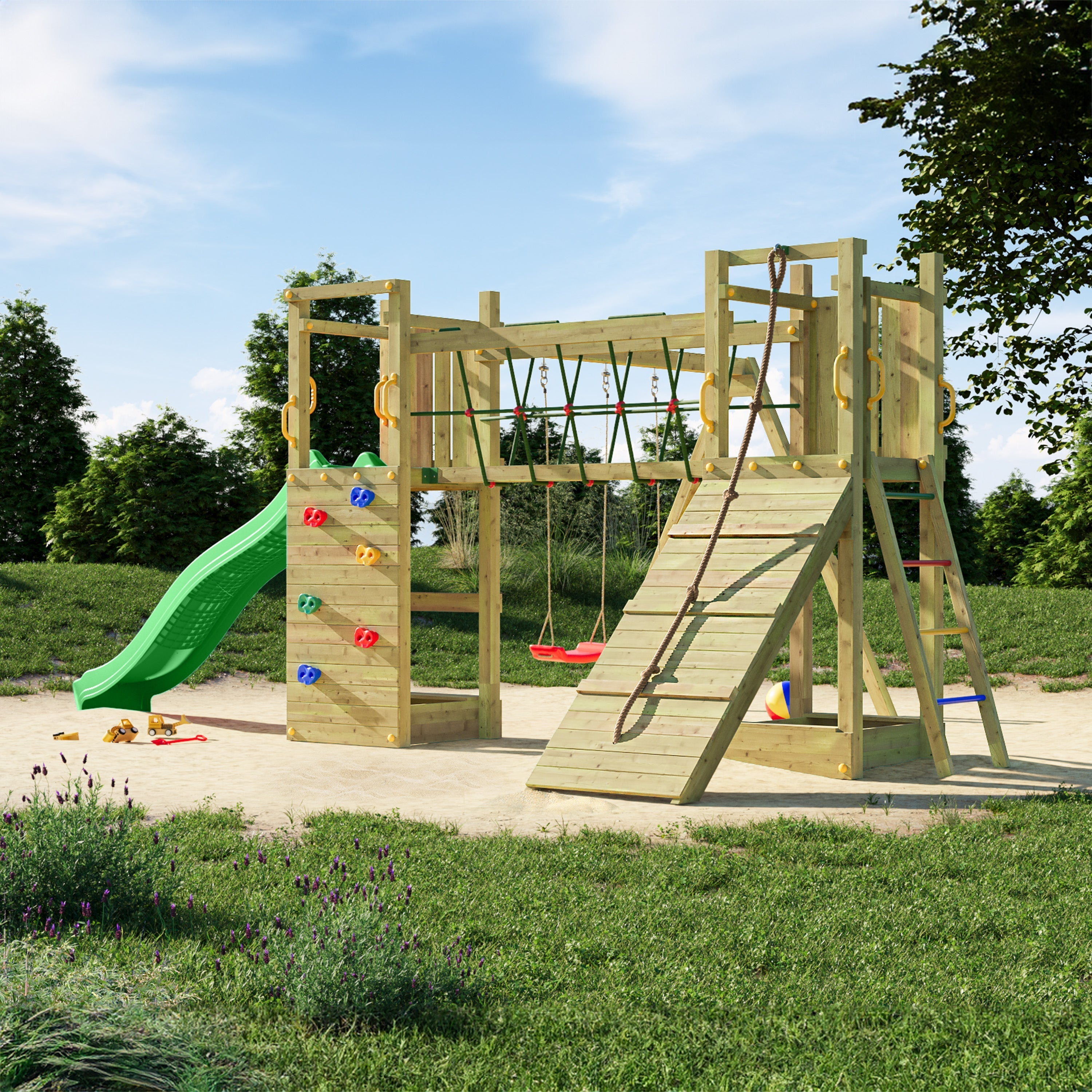 Climbing frame Maxi Fun featuring double Tower, Bridge,  swings climbing walls and slide - Best Shed
