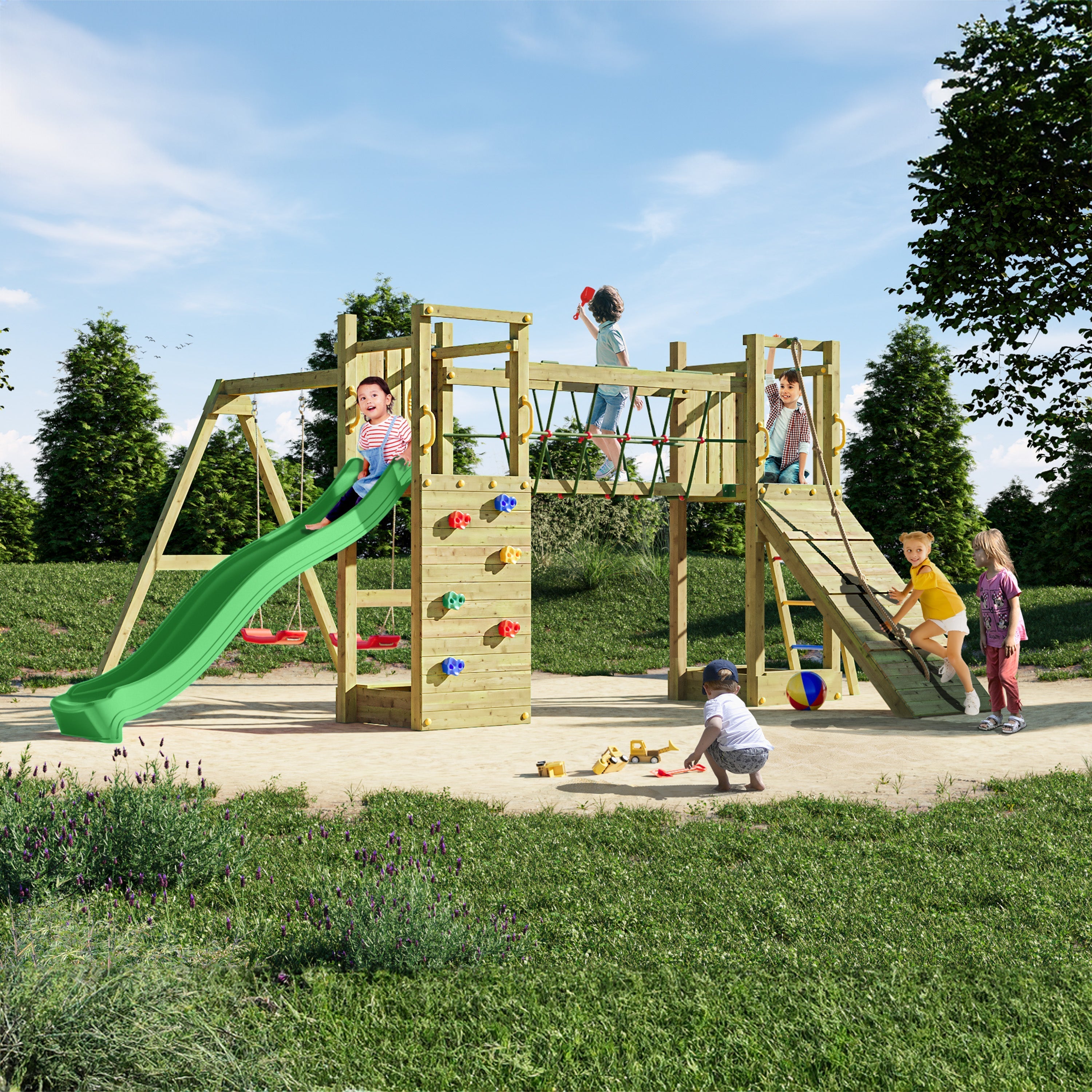 Climbing frame Maxi Fun featuring double Tower, Bridge,  swings climbing walls and slide - Best Shed