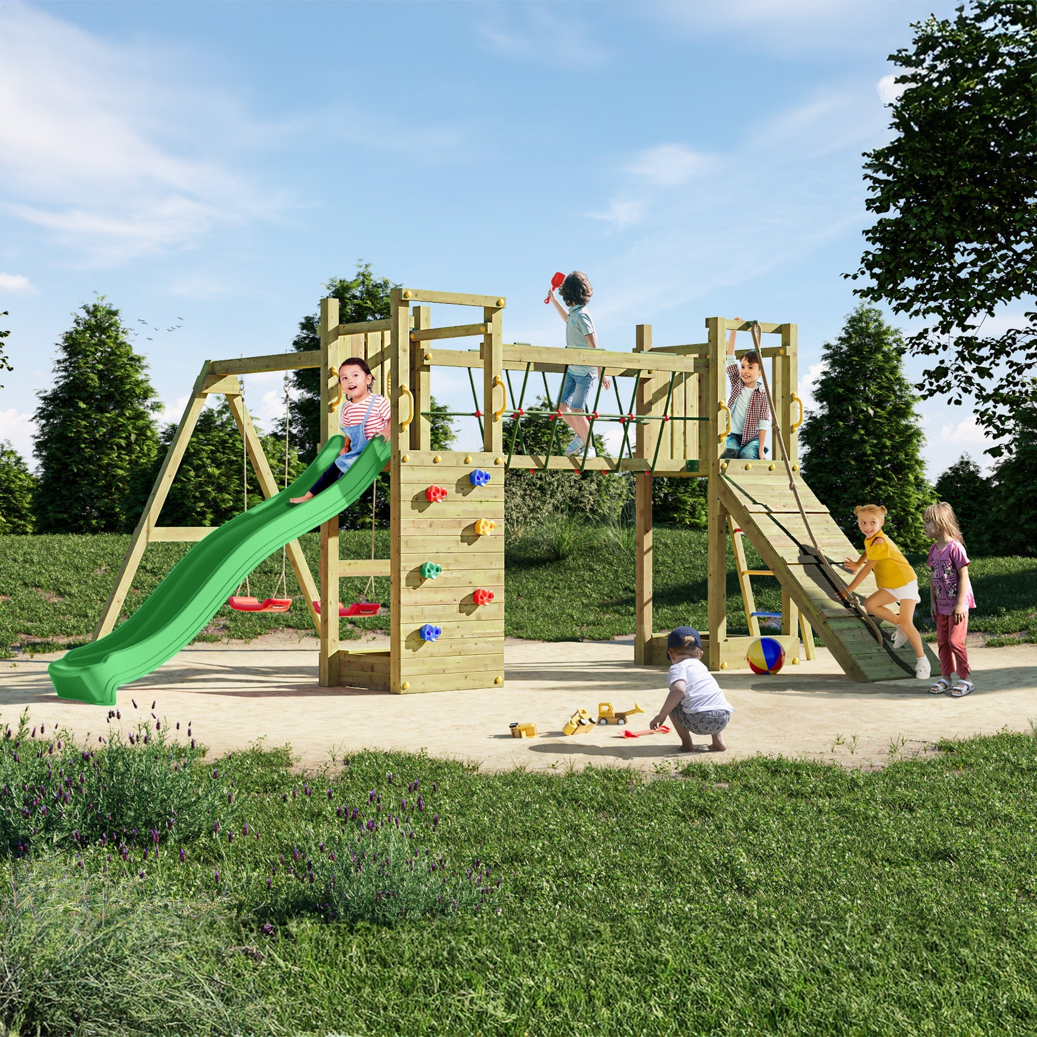 Climbing frame Maxi Fun featuring double Tower, Bridge, swings