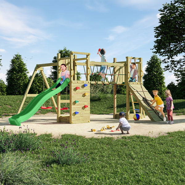 Climbing frame Maxi Fun featuring double Tower, Bridge,  swings climbing walls and slide - Best Shed