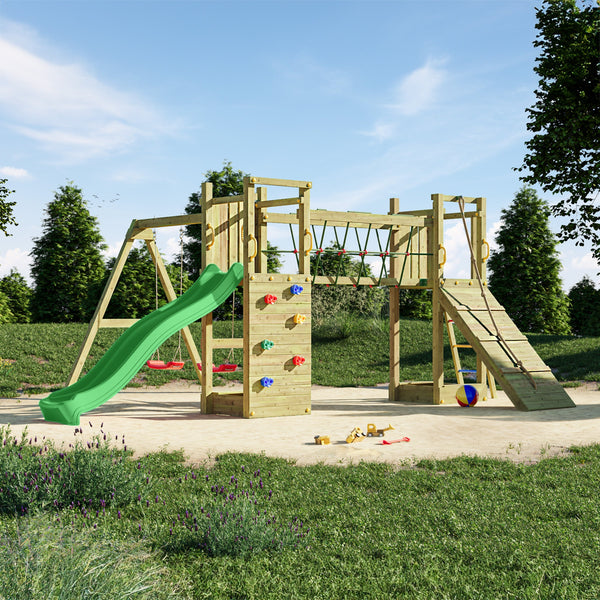 Climbing frame Maxi Fun featuring double Tower, Bridge,  swings climbing walls and slide - Best Shed
