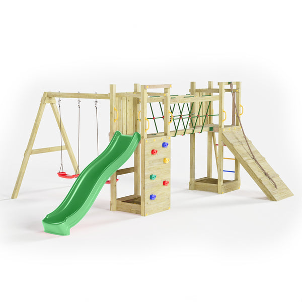 Climbing frame Maxi Fun featuring double Tower, Bridge,  swings climbing walls and slide - Best Shed
