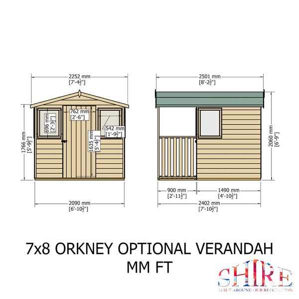Orkney 7x8 Garden Shed with Veranda 12mm Shiplap T&G