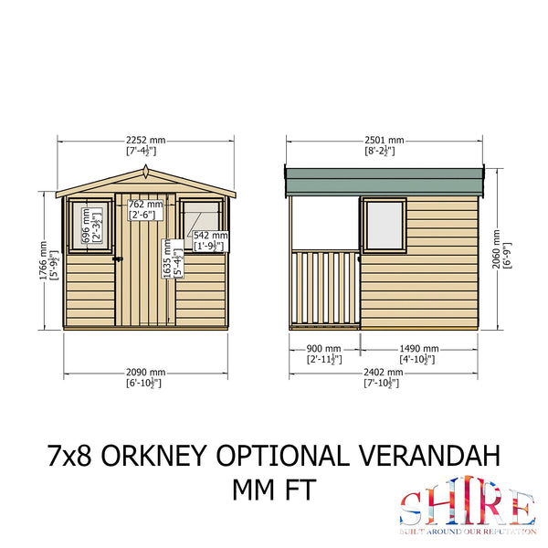 Orkney 7x8 Garden Shed with Veranda 12mm Shiplap T&G