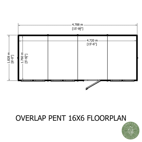 Overlap 16x6 single door pent shed