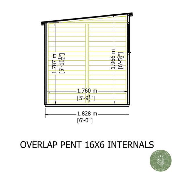 Overlap 16x6 single door pent shed