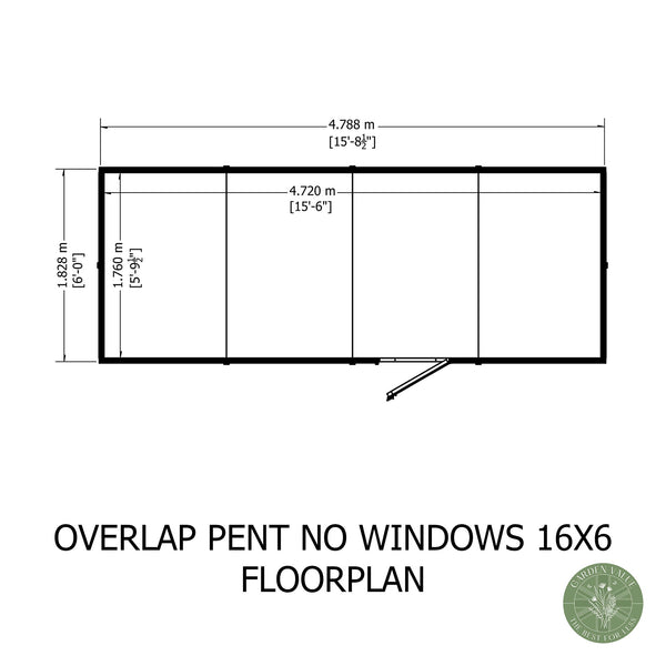 Overlap 16x6 single door pent shed no windows