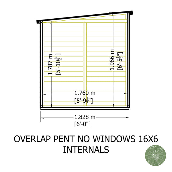 Overlap 16x6 single door pent shed no windows