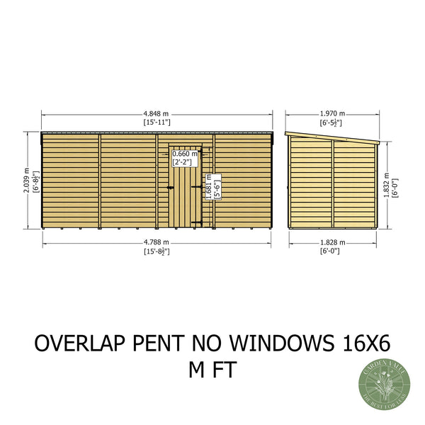 Overlap 16x6 single door pent shed no windows