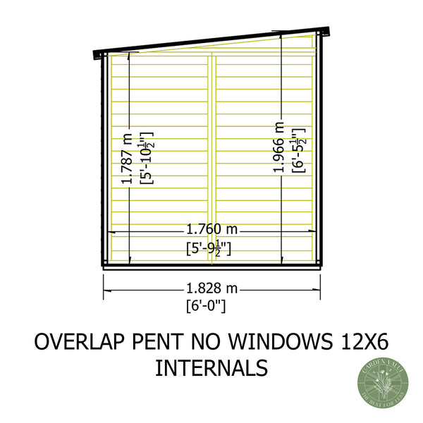 Overlap 12x6 single door pent shed no windows