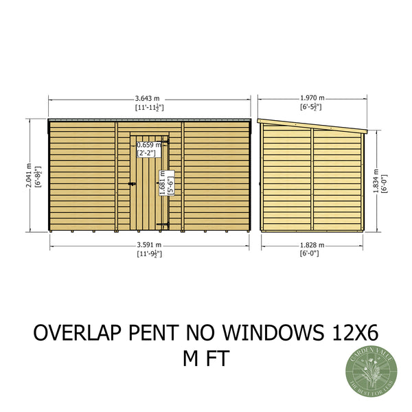 Overlap 12x6 single door pent shed no windows