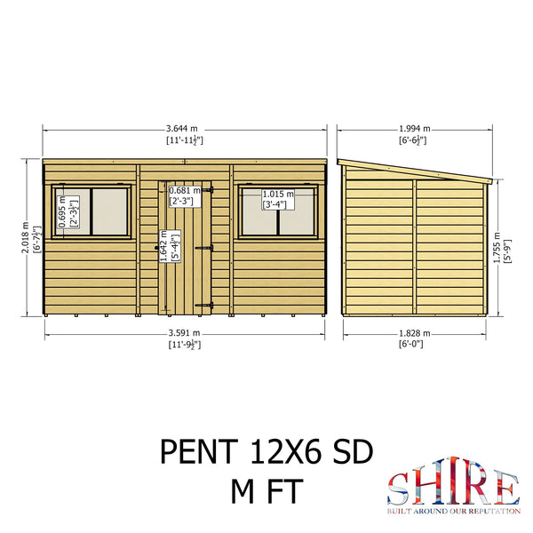 Shire 12x6 single door Pent shed 12mm shiplap interlock cladding