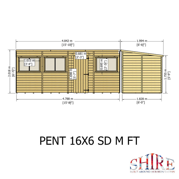Shire 16x6 single door Pent shed 12mm shiplap interlock cladding