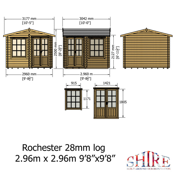 Shire 10x10 Rochester corner log cabin 28mm log cladding double doors