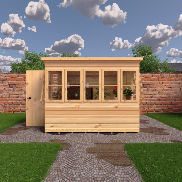 8x8 Sun Pent Potting Shed Style A Single Door 12mm Shiplap