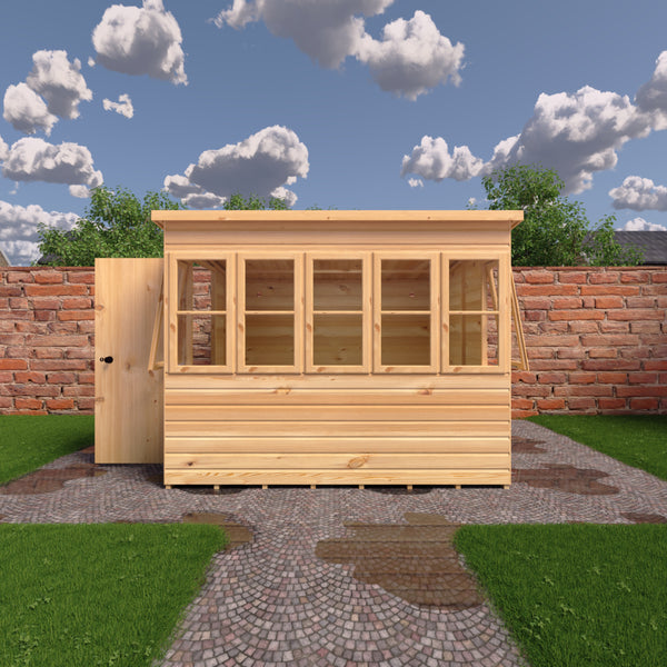 8x8 Sun Pent Potting Shed Style A Single Door 12mm Shiplap