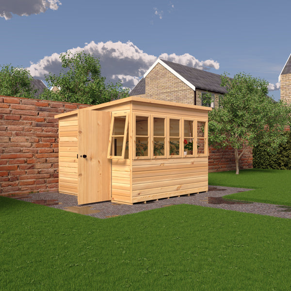 8x8 Sun Pent Potting Shed Style A Single Door 12mm Shiplap