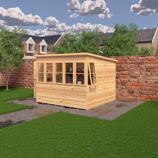 8x8 Sun Pent Potting Shed Style A Single Door 12mm Shiplap