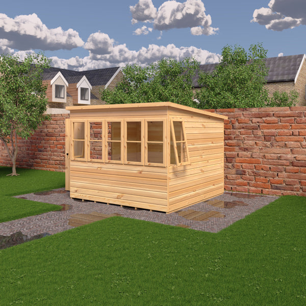 8x8 Sun Pent Potting Shed Style A Single Door 12mm Shiplap