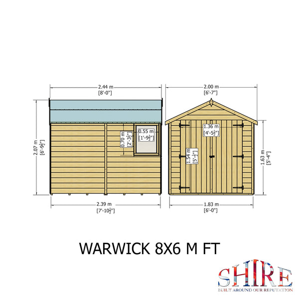 Shire Warwick Double Door 8x6 12mm interlock Clad wooden Shed