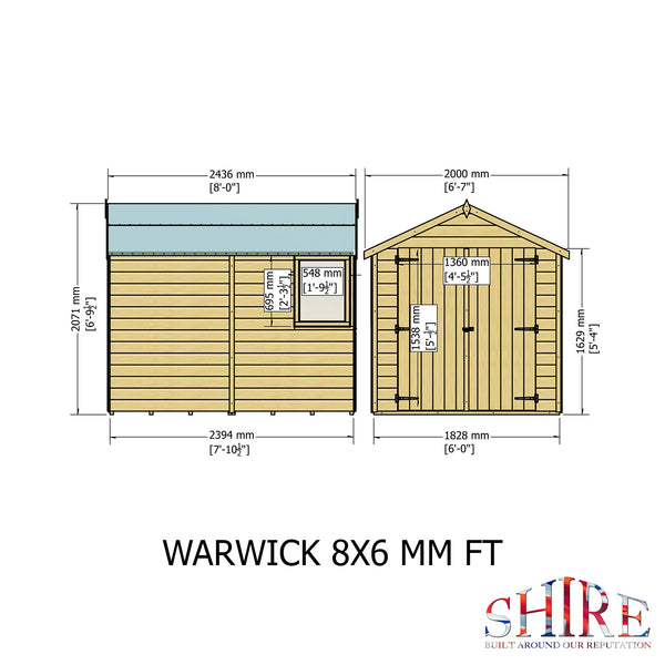 Shire Warwick Double Door 8x6 12mm interlock Clad wooden Shed