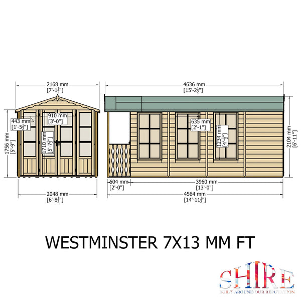 Shire Westminster & Verandah 13x7 12mm interlock Clad wooden Summerhouse - Best Shed