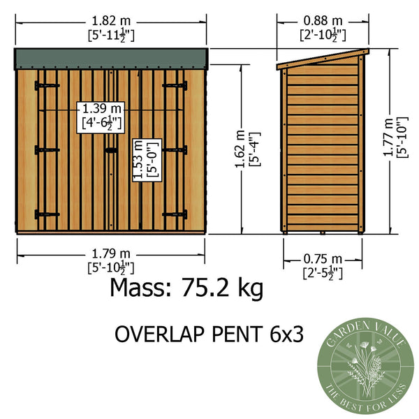 Overlap Pressure Treated Pent 6x3 Storage Shed Double Doors