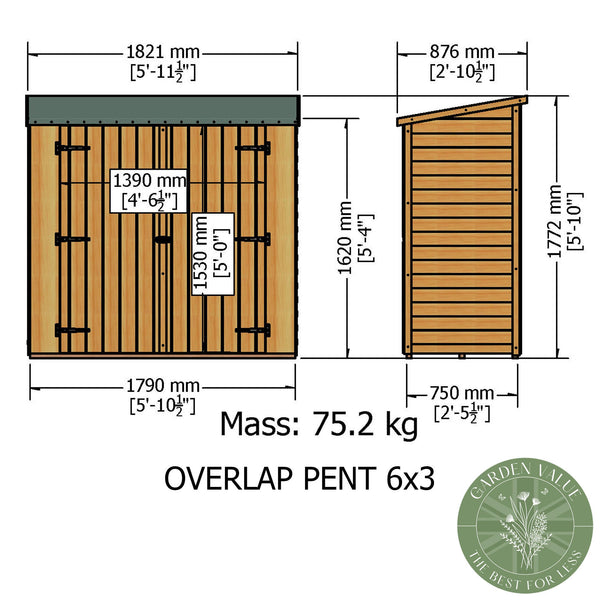 Overlap Pressure Treated Pent 6x3 Storage Shed Double Doors